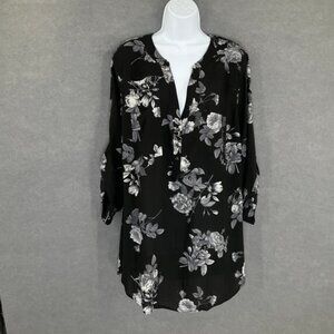 Torrid Harper Plus Size 3x Black Floral Print Roll Tab Sleeve Tunic Blouse Top